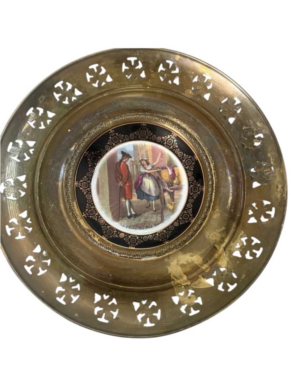 REGENCY BONE CHINA Cries of London Fine Black Cherries Brass Framed Wall Plate